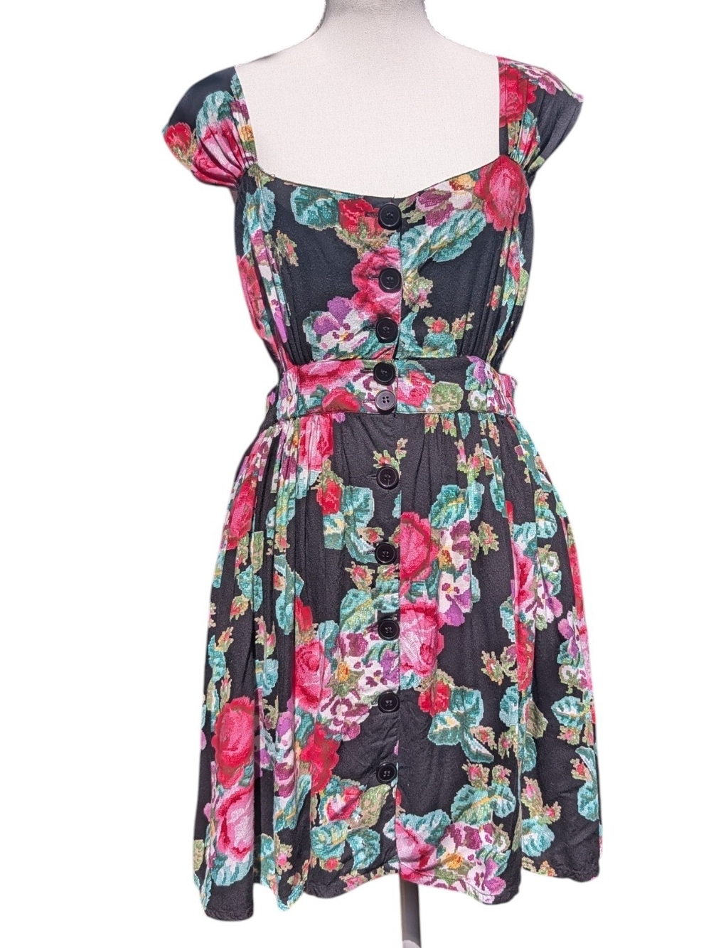 American Rag Floral Button-Front Mini Dress in Black, Pink and Teal